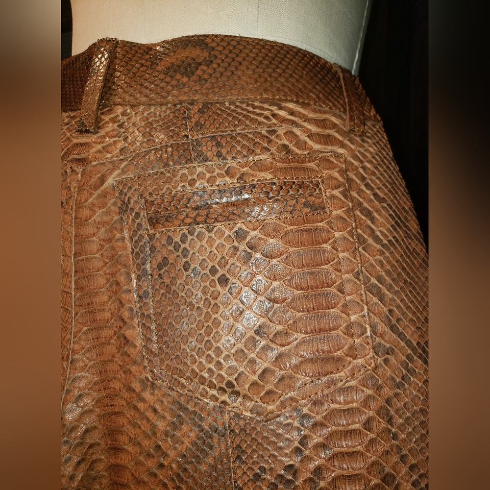 Manual genuine Python snakeskin reptile  brown cognac pants trouser.